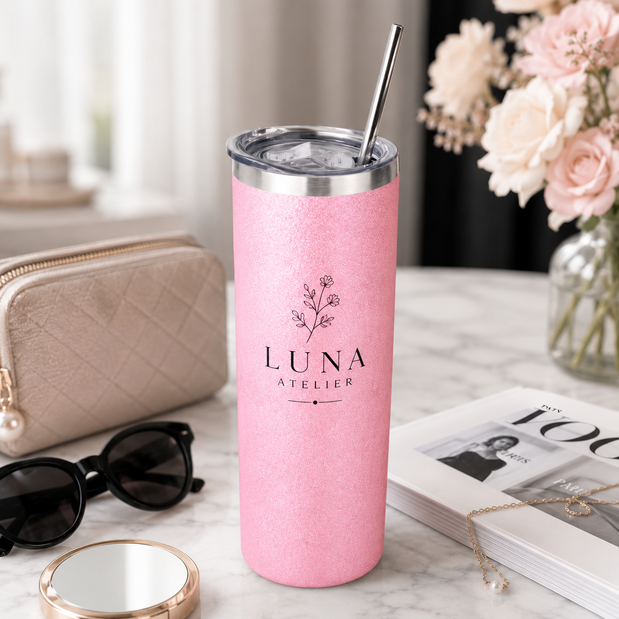Kopp Smal Glitter rosa med lokk 10stk